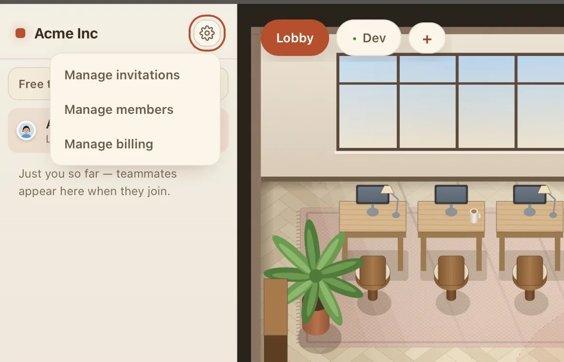 The admin menu opened from the gear icon at the top of the sidebar, with Manage invitations, Manage members, and Manage billing.