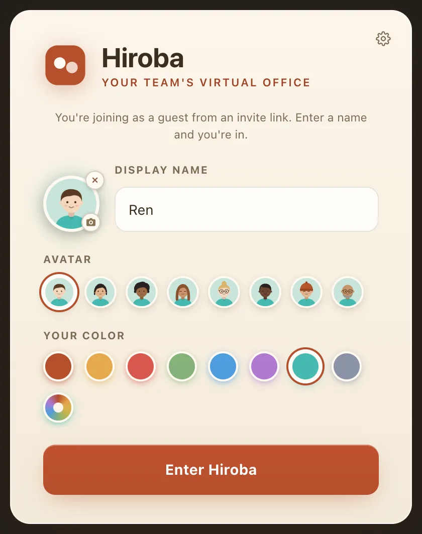 The browser join screen with the message You're joining as a guest from an invite link. Enter a name and you're in. Below it are a display name field filled in with Ren, color choices, and an Enter Hiroba button.