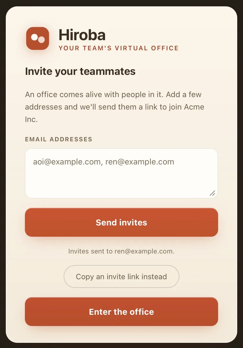 The invite screen after sending, with the message Invites sent to the invited address shown under the Send invites button.