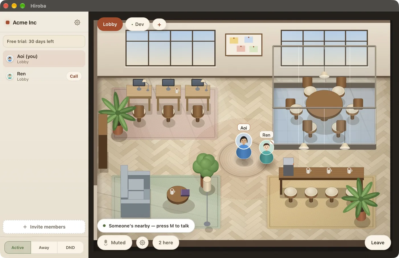 The inviter's Hiroba app. The sidebar lists Aoi (you) and Ren with a Call button next to Ren. Both avatars stand together in the middle of the floor, with the hint Someone's nearby — press M to talk.
