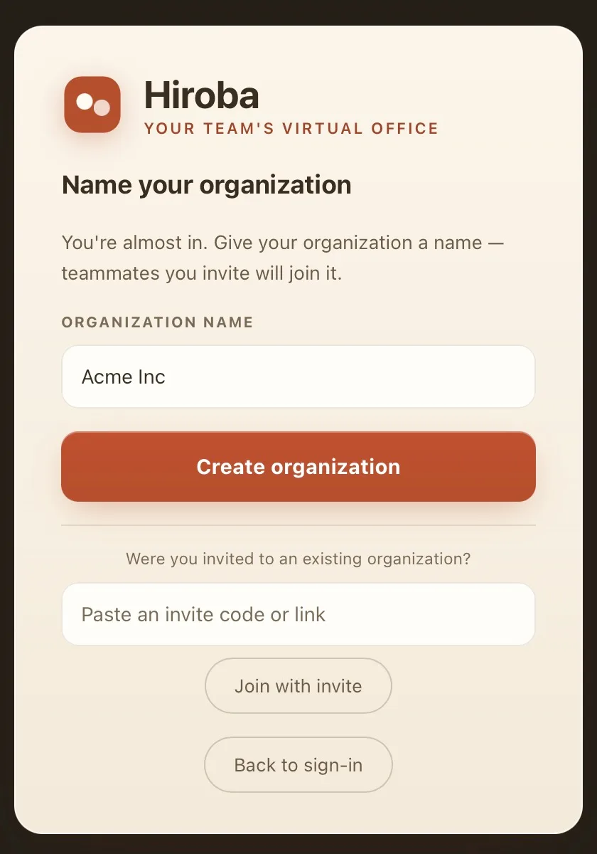 The Name your organization screen with Acme Inc entered as the organization name and a Create organization button below it. Further down is a field for an invite code under the question Were you invited to an existing organization?