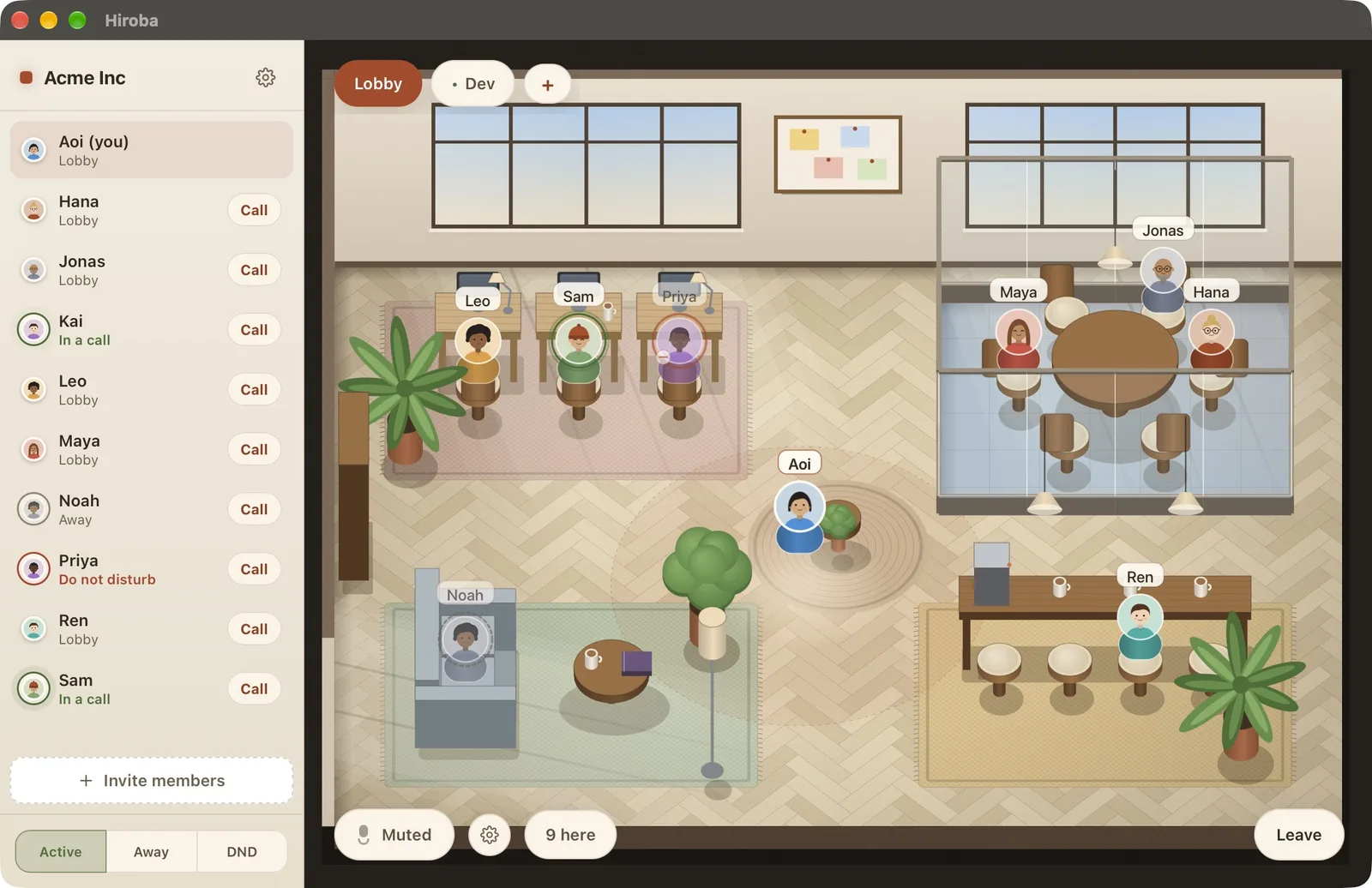 The Hiroba desktop app: an isometric office with nine teammates at desks, in a glass meeting room, and in the lounge and café, and a roster on the left with Call buttons and Lobby, In a call, Away, and Do not disturb status.