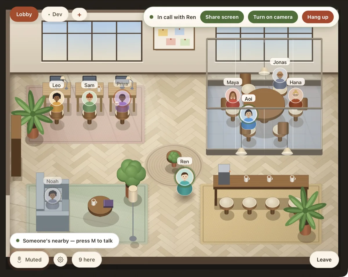 The lobby during a call, with an “In call with Ren” banner and share-screen, camera and hang-up buttons at the top right