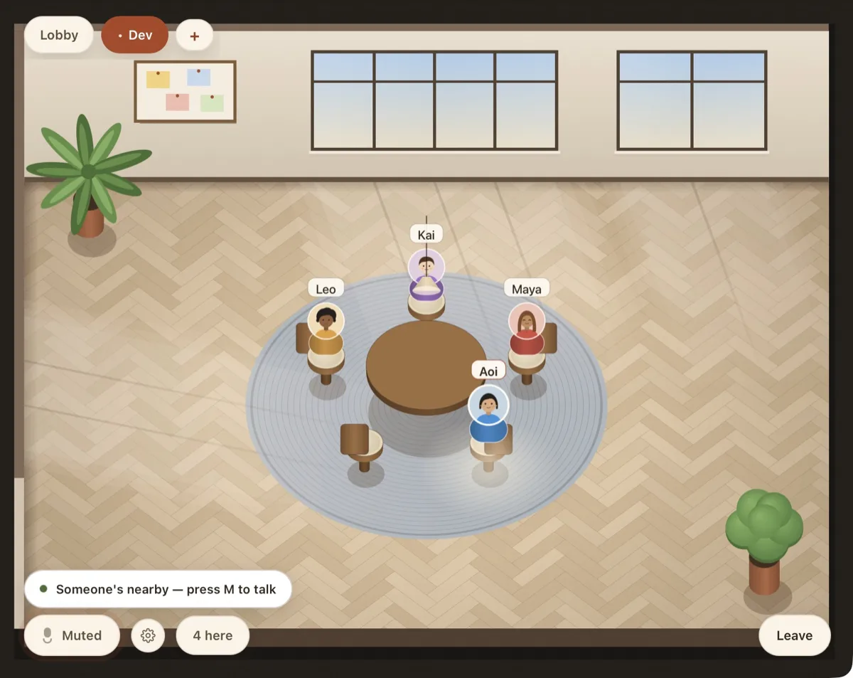 The “Dev” team space: four avatars around a round table on a rug